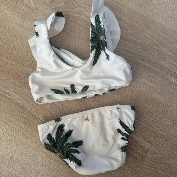 Ancora Swimwear toddler girl high pool palms mini bikini ruffle 2 cream green